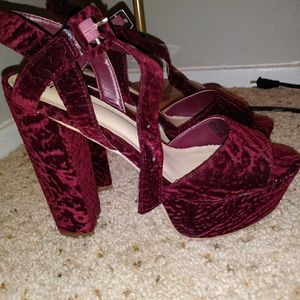 Burgundy velvet platform heels